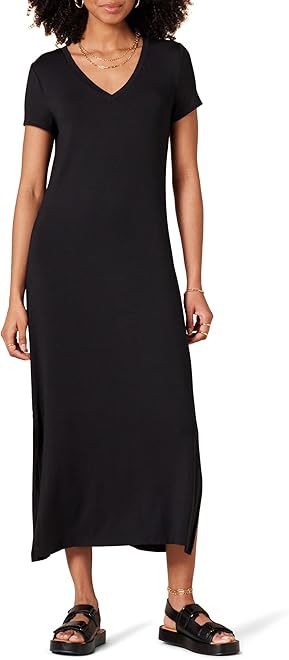 Women's Stretchy Jersey V-Neck Short Sleeve Midi Length Dress